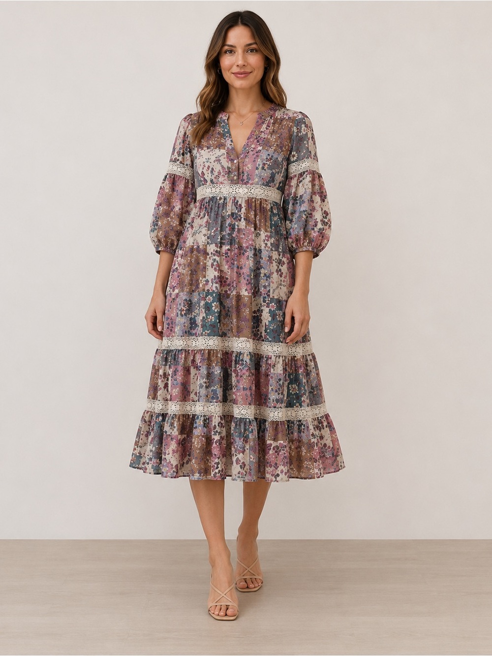 City Chic Patchwork Floral Maxi Dress in Mauve and Blue